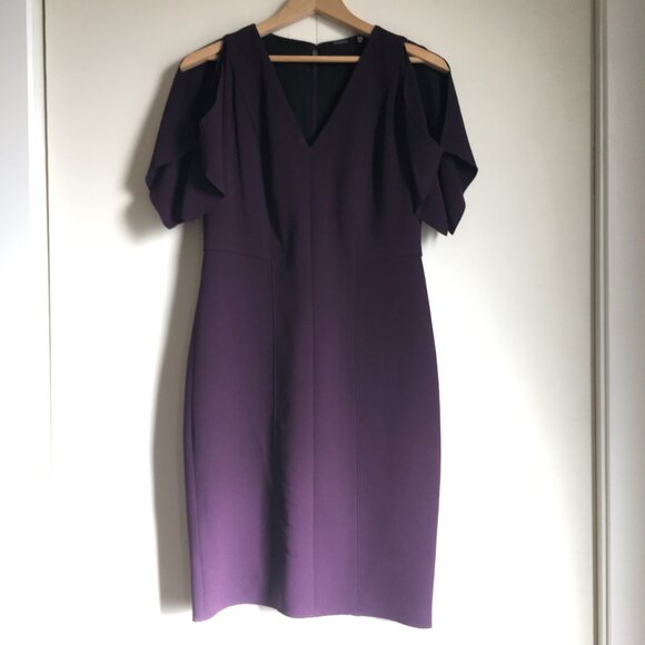 Elie Tahari Plum Slit-sleeve V-Neck Designer Sheath Dress - Picture 1 of 16